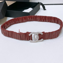 CC ELASTIC BELT 30MM IN WINE RED CALFSKIN SILVER HARDWARE WITH RHINSTONES