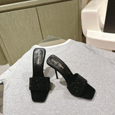 YSL 25S HEELED SANDALS 100 MM IN BLACK LAMBSKIN WITH RHINESTONE-EMBELLISHED STRAP