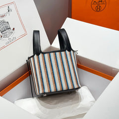 PICOTIN LOCK 18 BAG IN BLACK CALFSKIN ÉCRU/NOIR/FAUVE/NOIR/BLEU ZANZIBAR EMBROIDERY CANVAS