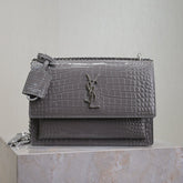 YSL 25S SUNSET MEDIUM 22 IN DARK GRAY CROCODILE-EMBOSSED SHINY CALFSKIN SILVER HARDWRE