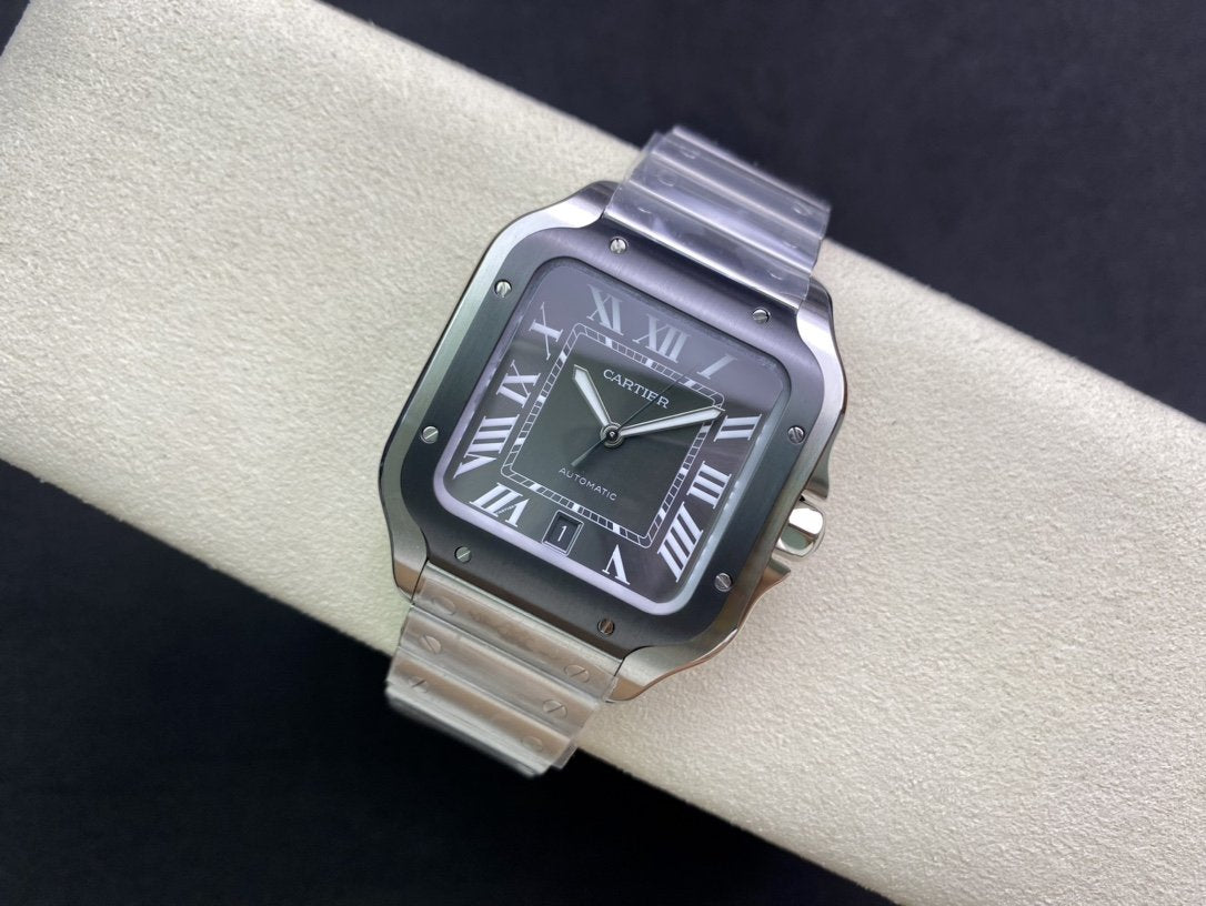 SANTOS DE CARTIE LARGE STEEL CASE BLACK BEZEL WHITE DIAL