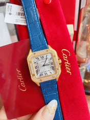 SANTOS LADY 35MM QUARTZ 35MM GOLD CASE DIAMOND BEZEL LEATHER