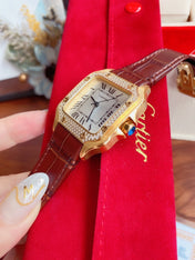 SANTOS LADY 35MM QUARTZ 35MM GOLD CASE DIAMOND BEZEL LEATHER