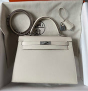 HM KELLY 25CM WHITE EPSOM SILVER HARDWARE