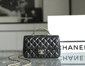 MINI RECTANGLE FLAP BAG TOP HANDLE 20CM BLACK LAMBSKIN SILVER HARDWARE
