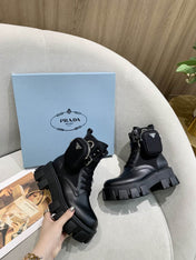 PRADA 26S HIGH TOP MONOLITH SHOES IN BLACK CALFSKIN AND FABRIC WITH POUCH