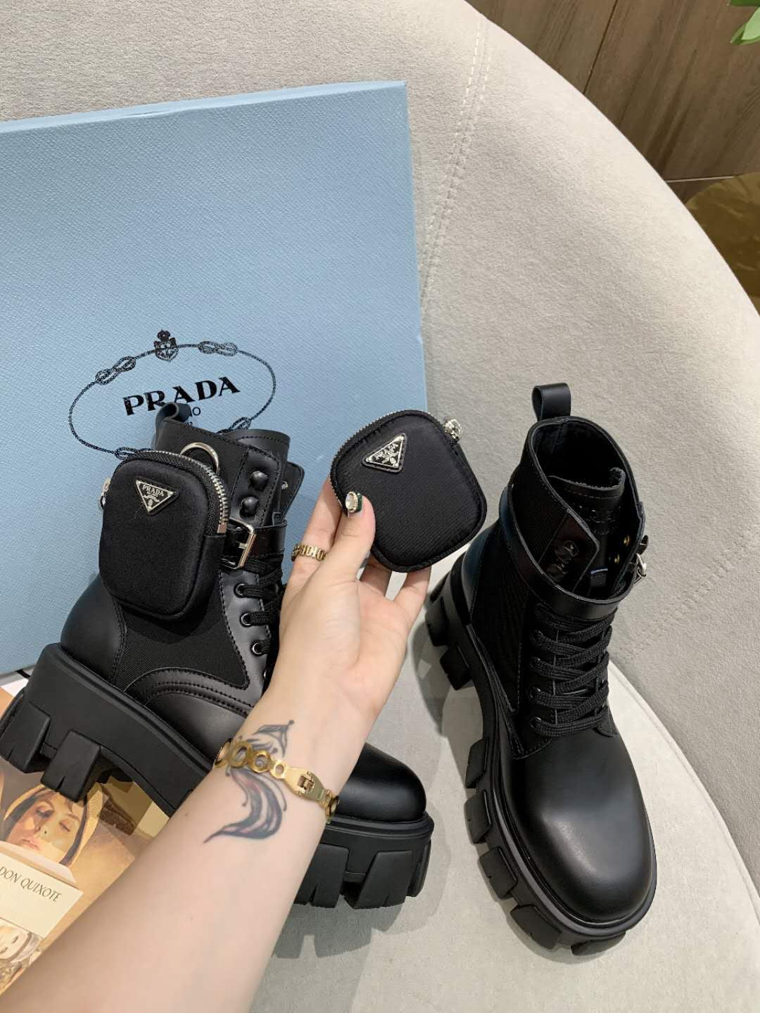 PRADA 26S HIGH TOP MONOLITH SHOES IN BLACK CALFSKIN AND FABRIC WITH POUCH