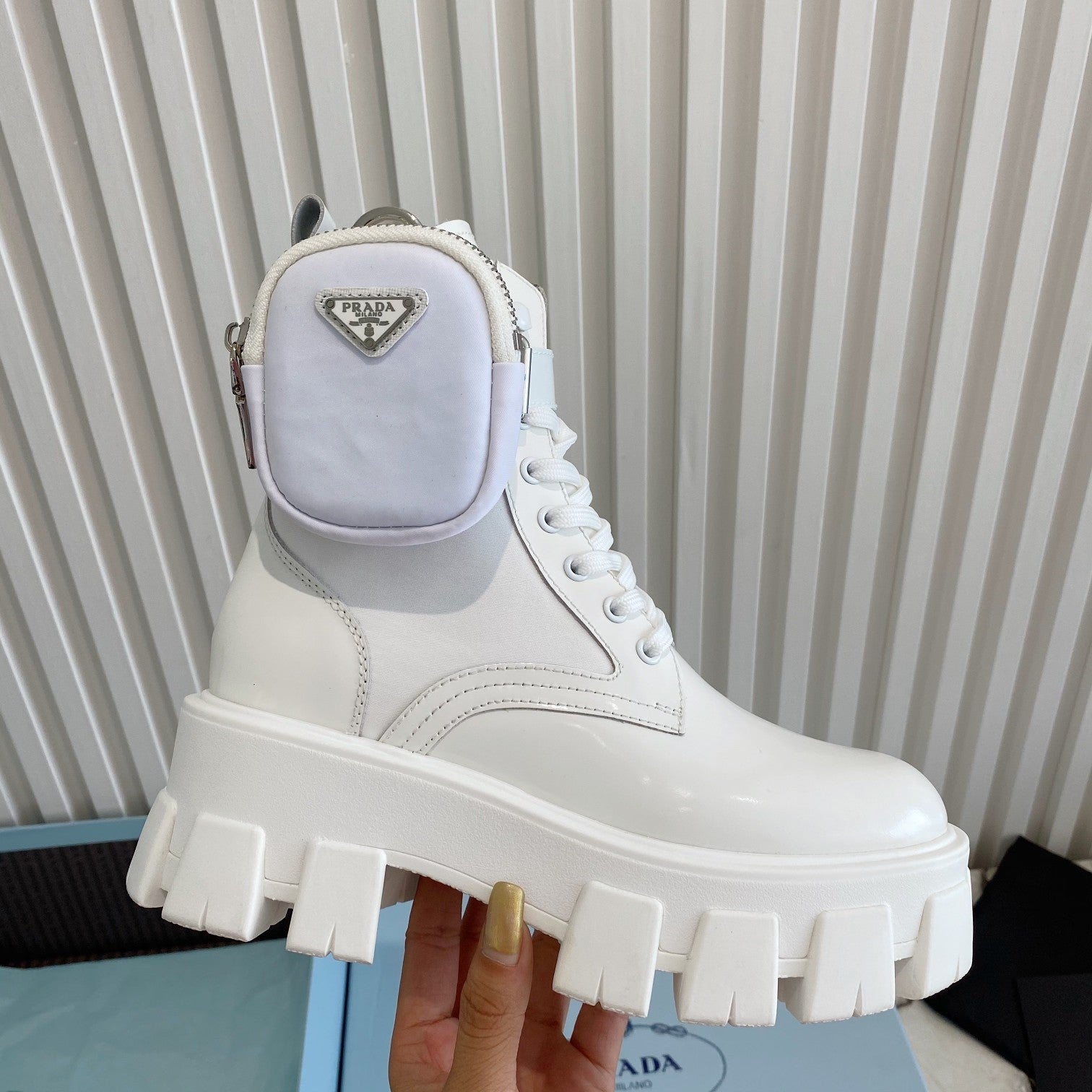 PRADA 26S HIGH TOP MONOLITH SHOES IN WHITE CALFSKIN AND FABRIC WITH POUCH