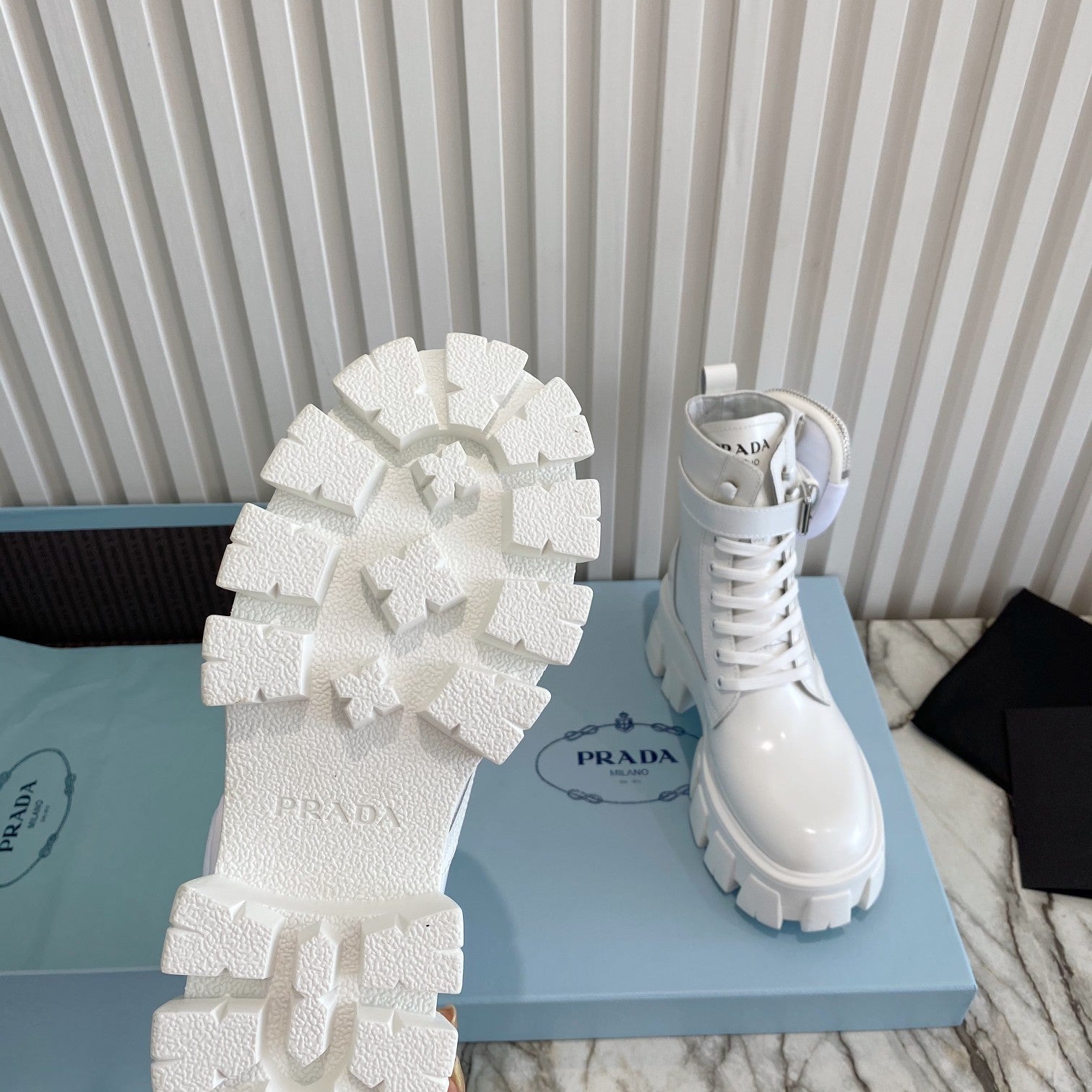 PRADA 26S HIGH TOP MONOLITH SHOES IN WHITE CALFSKIN AND FABRIC WITH POUCH