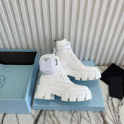 PRADA 26S HIGH TOP MONOLITH SHOES IN WHITE CALFSKIN AND FABRIC WITH POUCH