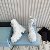 PRADA 26S HIGH TOP MONOLITH SHOES IN WHITE CALFSKIN AND FABRIC WITH POUCH