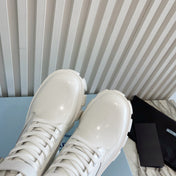 PRADA 26S HIGH TOP MONOLITH SHOES IN WHITE CALFSKIN AND FABRIC WITH POUCH