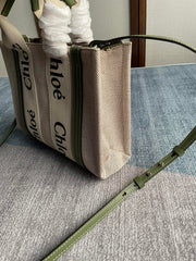 SMALL STRAP WOODY TOTE BAG 26.5 IN BEIGE LINEN CANVAS BLACK WEBBING LOGO EMBROIDER GREEN CALFSKIN