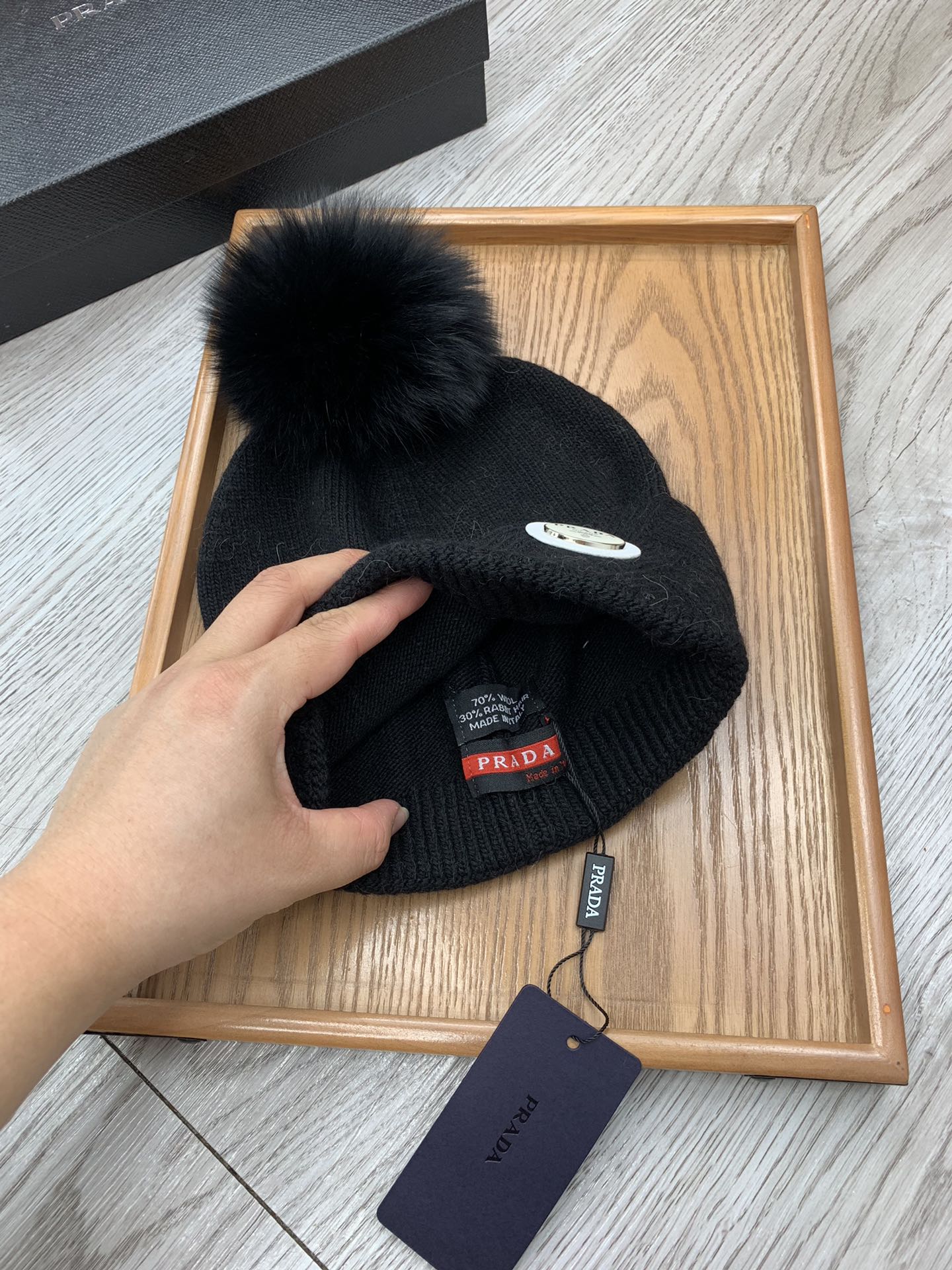 BEANIE HAT IN BLACK WOOL AND RABBIT FUR 346717