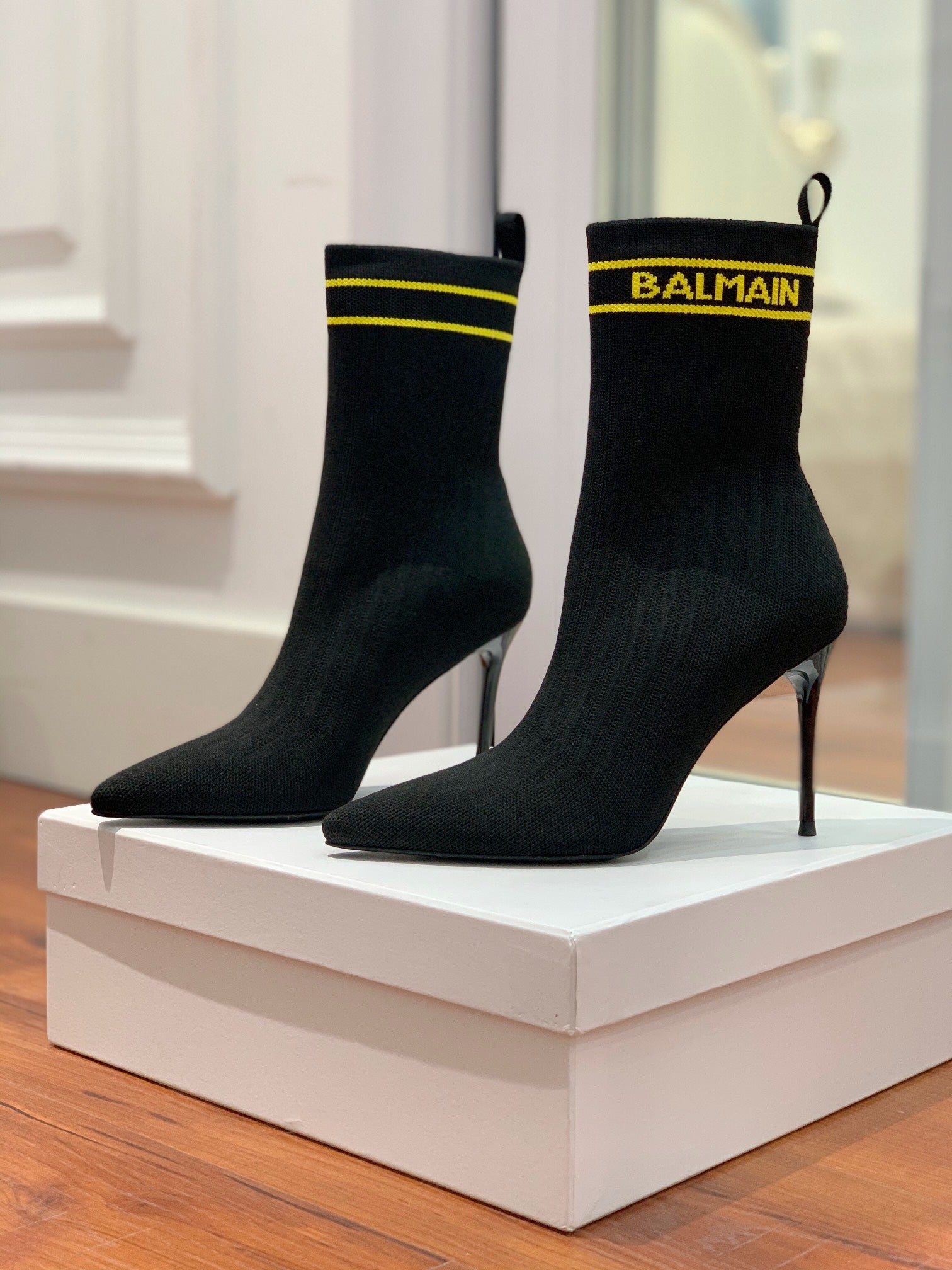 BALMAIN 26S BOOTS 105 MM IN BLACK FLYKNIT STYLE 14