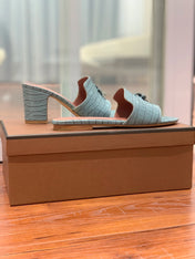 Summer Charms Sandals Mule Sky Blue Crocodile Pattern Pink Lambskin