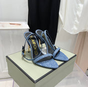 TOM FORD 26S GOLD BUCKLE HEELS 105 MM IN BLUE DENIM