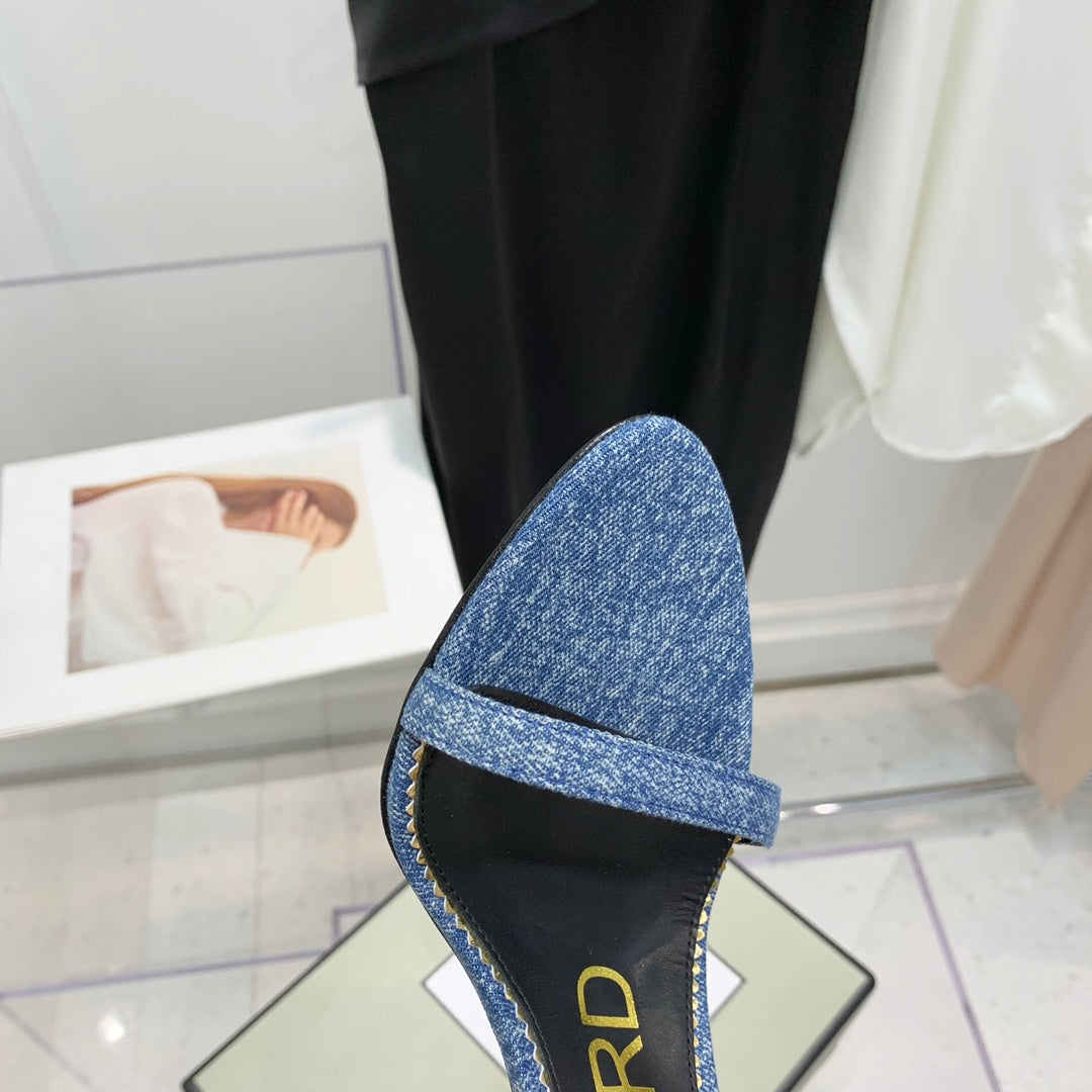 TOM FORD 26S GOLD BUCKLE HEELS 105 MM IN BLUE DENIM