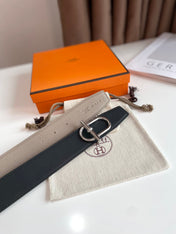 HM ITHAQUE BELT SILVER BUCKLE & REVERSIBLE CAMEL BROWN AND BLACK LEATHER STRAP 38MM