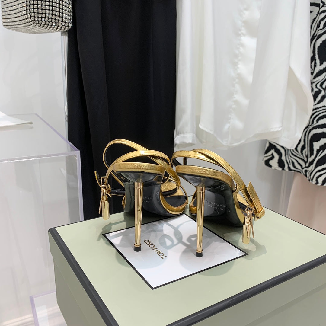 PADLOCK HIGH HEEL 10 CM SANDAL IN GOLD SHEEPSKIN