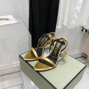 PADLOCK HIGH HEEL 10 CM SANDAL IN GOLD SHEEPSKIN