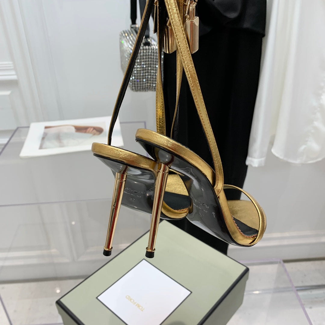 PADLOCK HIGH HEEL 10 CM SANDAL IN GOLD SHEEPSKIN