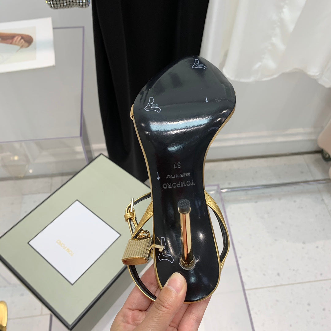 PADLOCK HIGH HEEL 10 CM SANDAL IN GOLD SHEEPSKIN