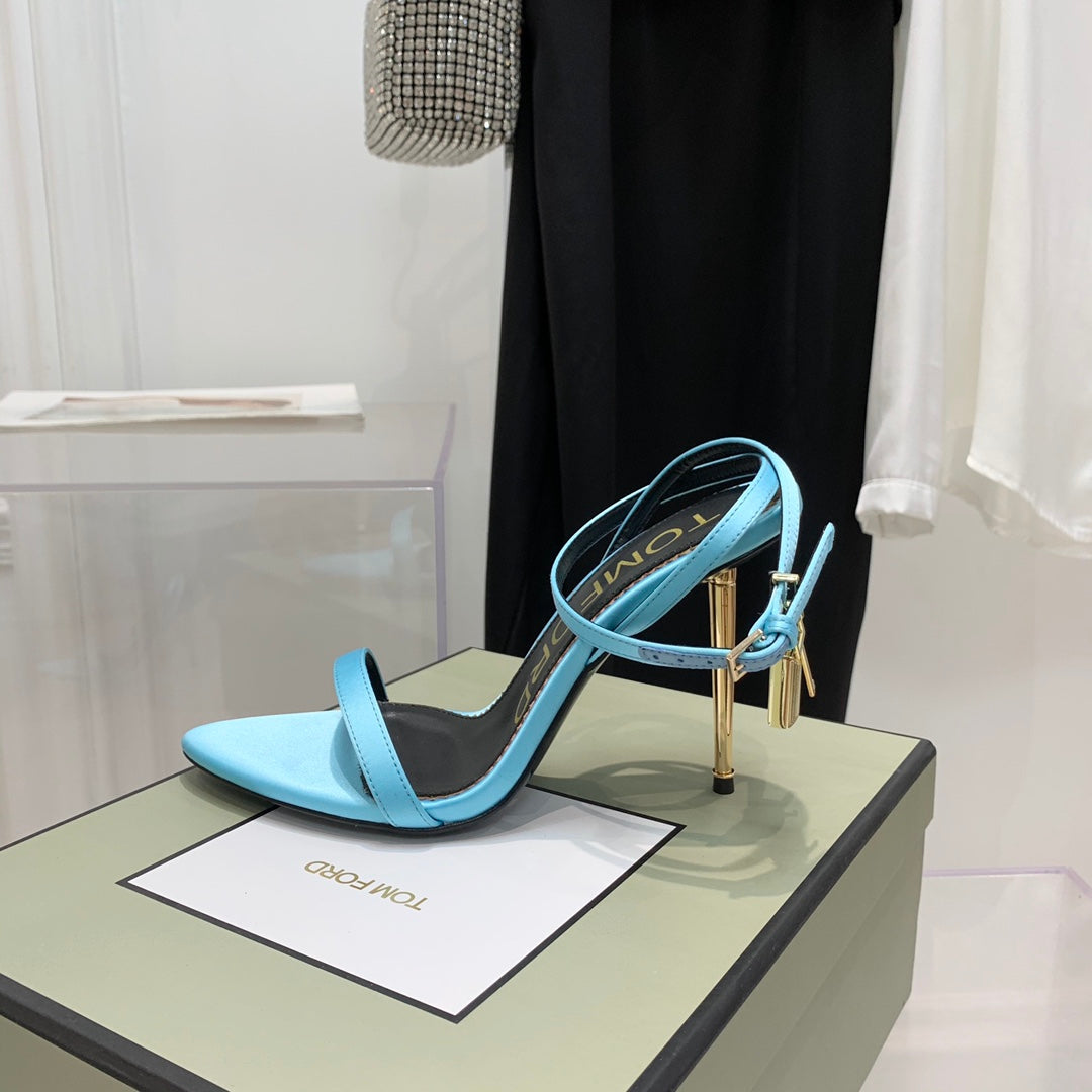 TOM FORD 26S GOLD BUCKLE HEELS 105 MM IN AQUA BLUE LAMBSKIN