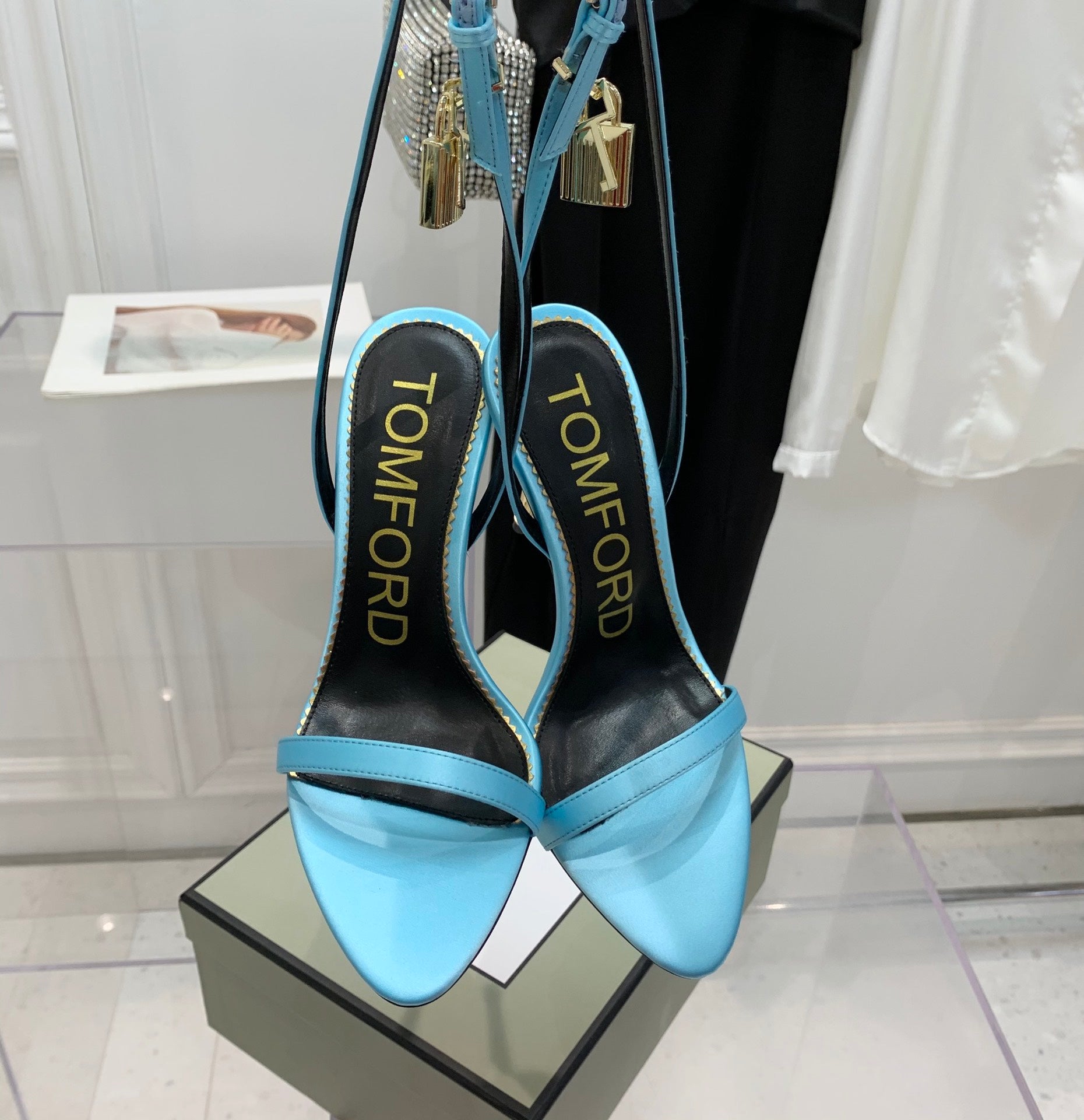 PADLOCK HIGH HEEL 10 CM SANDAL IN AQUA BLUE SHEEPSKIN