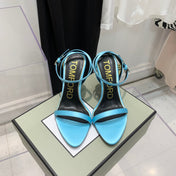 PADLOCK HIGH HEEL 10 CM SANDAL IN AQUA BLUE SHEEPSKIN