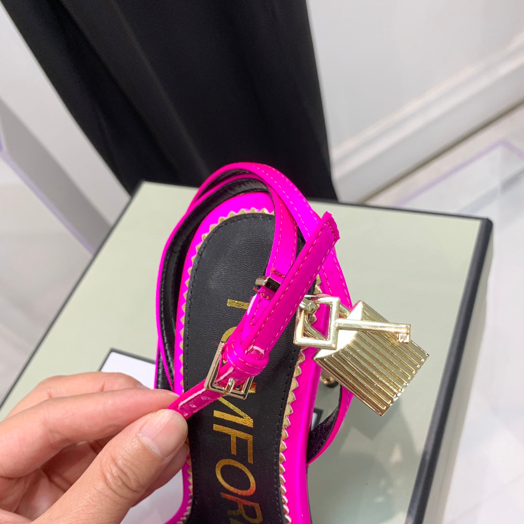 PADLOCK HIGH HEEL 10 CM SANDAL IN BRIGHT PINK SHEEPSKIN