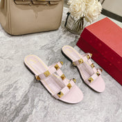 ROMAN STUD LIGHT PINK CALFSKIN FLAT SLIDE SANDAL 25 MM