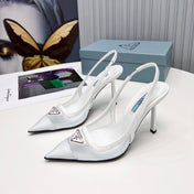 PRADA 26S SLINGBACK PUMPS STILETTO HEEL 95MM IN WHITE MESH WITH LOGO