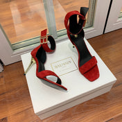 BALMAIN 25S THIN STRAP HIGH HEELS 105MM IN DARK RED SUEDE GOLD HARDWARE