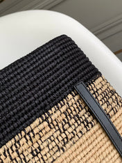 LOEWE 25S BASKET BAG 30 IN NATURAL MIX BLACK RAFFIA CALFSKIN SHOULDER STRAP