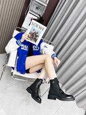 LACE-UP ANKLE BOOTS IN BLACK DENIM AND SHEEPSKIN LINING