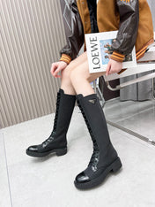 LACE-UP KNEE BOOTS IN BLACK DENIM AND SHEEPSKIN LINING
