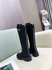 LACE-UP KNEE BOOTS IN BLACK DENIM AND SHEEPSKIN LINING