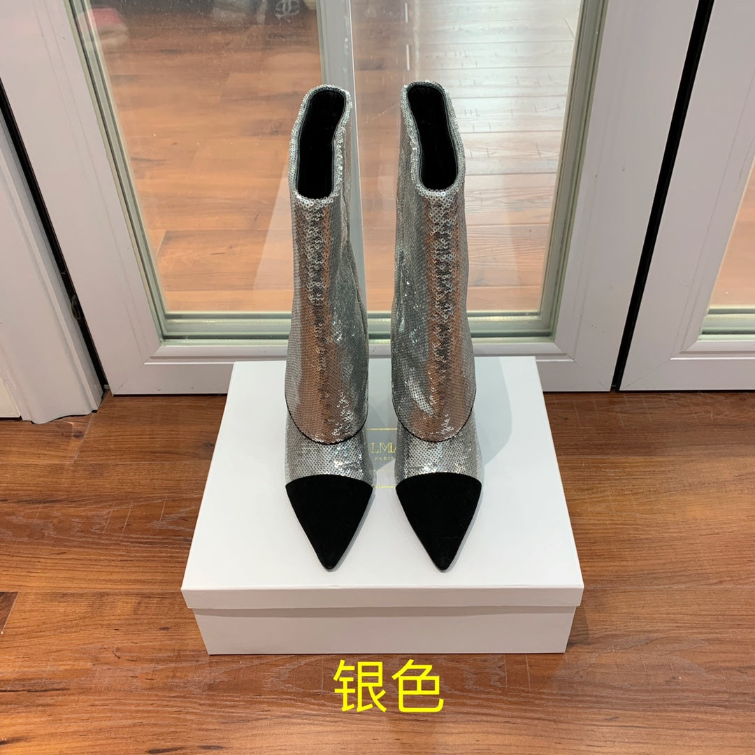 BALMAIN 26S BOOTS 105 MM IN SILVER GLITTER AND BLACK SUEDE
