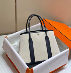 GARDEN PARTY 36CM IN WHITE TOILETS COTTON CANVAS AND BLACK CALFSKIN