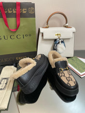 GG LOAFER IN CAMEL BROWN JACQUARD AND BLACK CALFSKIN WITH BEIGE WOOL LINING