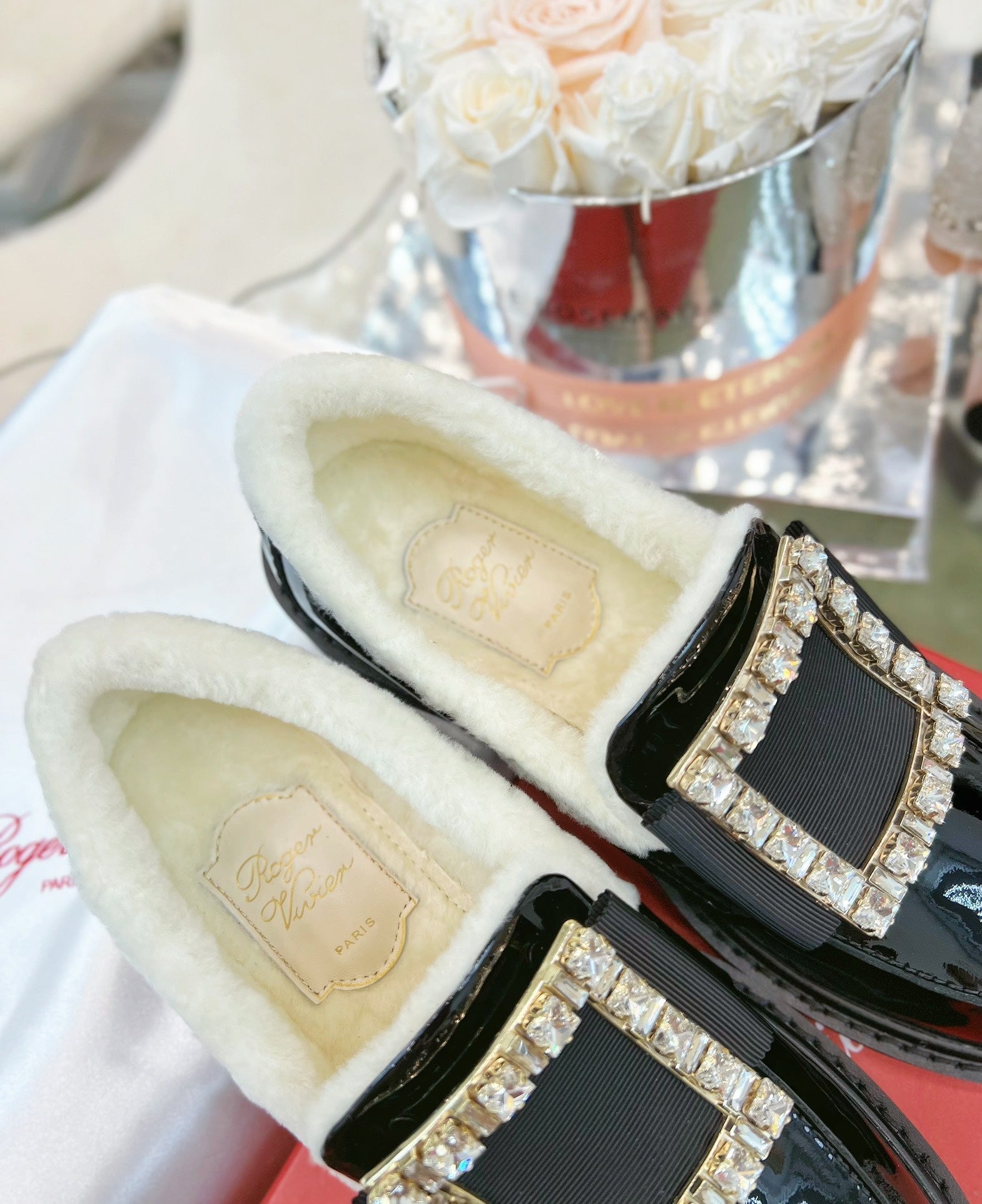 VIV' RANGERS LOAFERS IN BLACK PATENT CALFSKIN FLEECE LINING CRYSTAL BUCKLE