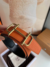 HM ROYAL BELT BUCKLE & REVERSIBLE NOIR AND ORANGE LEATHER STRAP 32 MM GOLD HARDWARE