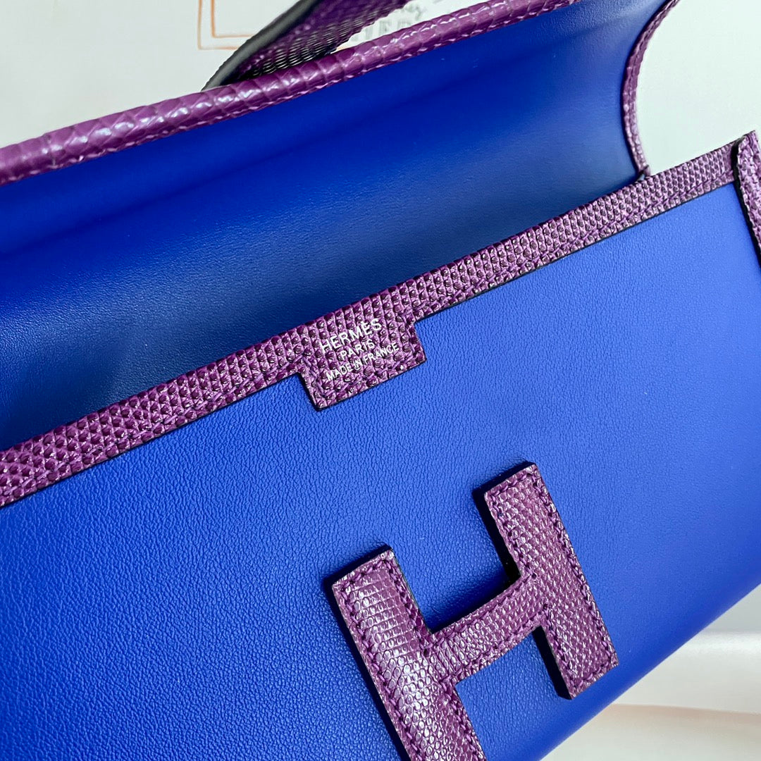 JIGE ELAN 29 CLUTCH IN COBALT BLUE CALFSKIN WITH VIOLET PURPLE LIZARD SKIN