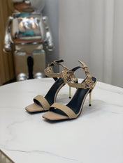 BALMAIN 25S HIGH HEELS WITH B METAL DETAIL 95MM IN LIGHT BROWN CALFSKIN