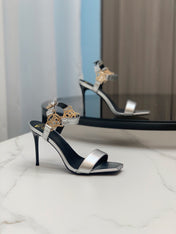 BALMAIN 25S HIGH HEELS WITH B METAL DETAIL 95MM IN SILVER CALFSKIN