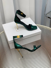 BALMAIN 25S METAL BUCKLE HIGH HEELS 95MM IN TEAL GREEN CALFSKIN