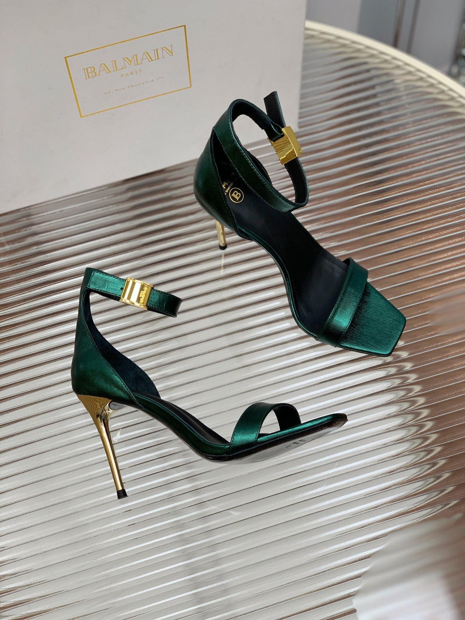 BALMAIN 25S METAL BUCKLE HIGH HEELS 95MM IN TEAL GREEN CALFSKIN