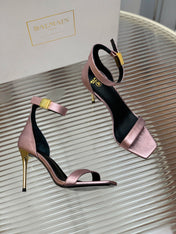 BALMAIN 25S METAL BUCKLE HIGH HEELS 95MM IN IRIDESCENT PURPLE CALFSKIN