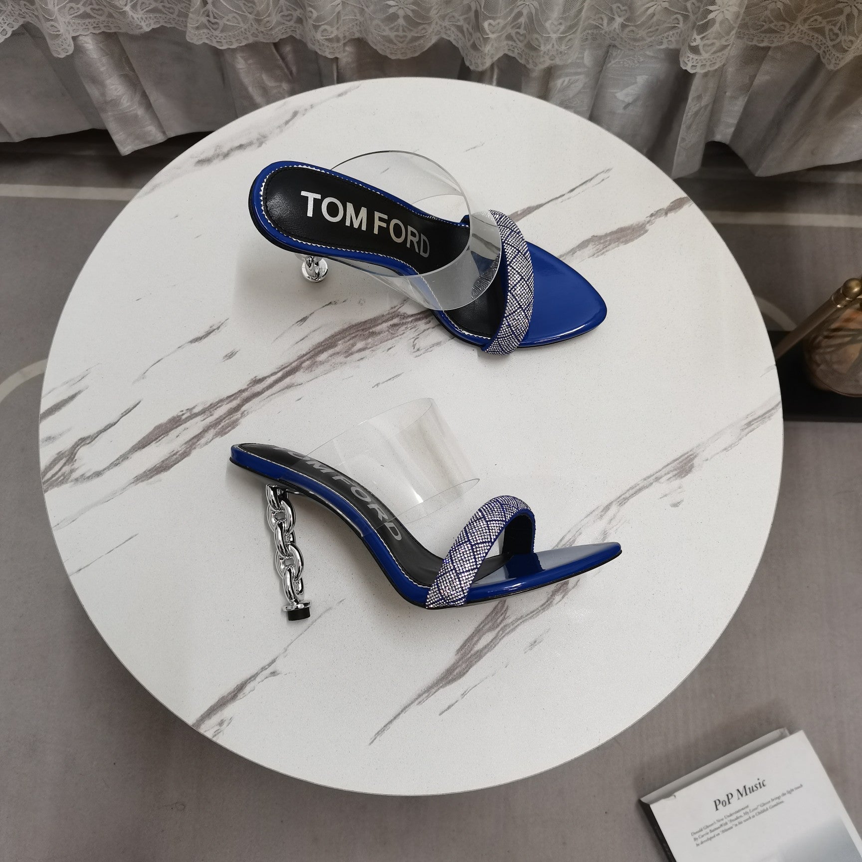 CRYSTAL HIGH HEEL MULE 10 CM IN NAVY BLUE LAMBSKIN